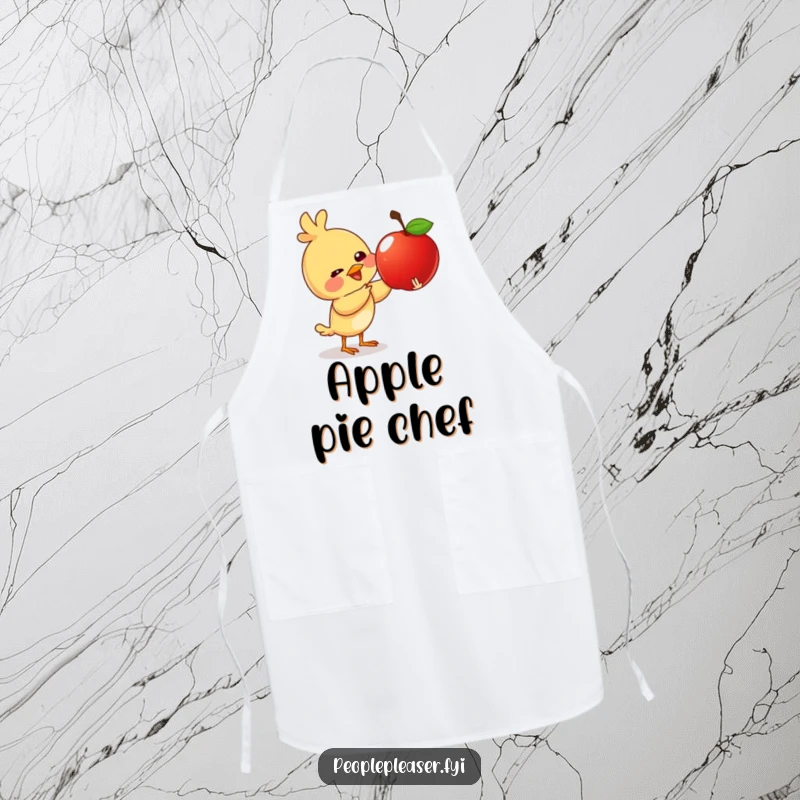 Funny apron with a giggling bird character giving a shiny apple, ideal for cooking with a dose of whimsical cheer.