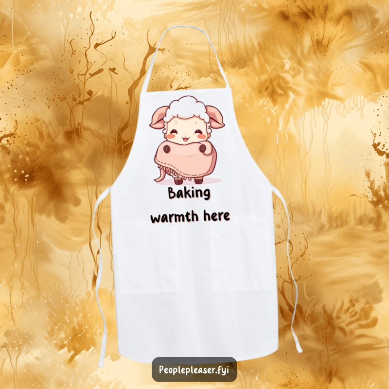 Funny Sheep Apron: A giggling sheep character presents a cozy blanket, ready to help in the kitchen with a smile. Great funny gift!