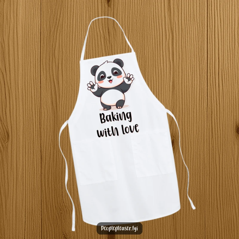 Funny panda apron showing a cute character waving hello with a beam, perfect for cooks who enjoy humor and heartwarming animal themes.
