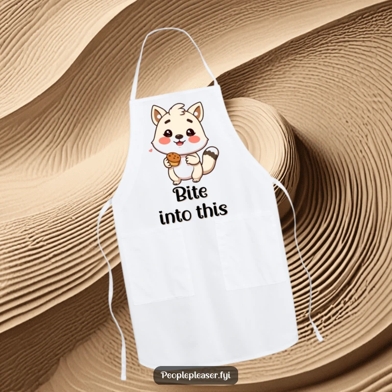 Funny apron featuring a beaming animal character ready to share a delightful treat, perfect for cooking enthusiasts.