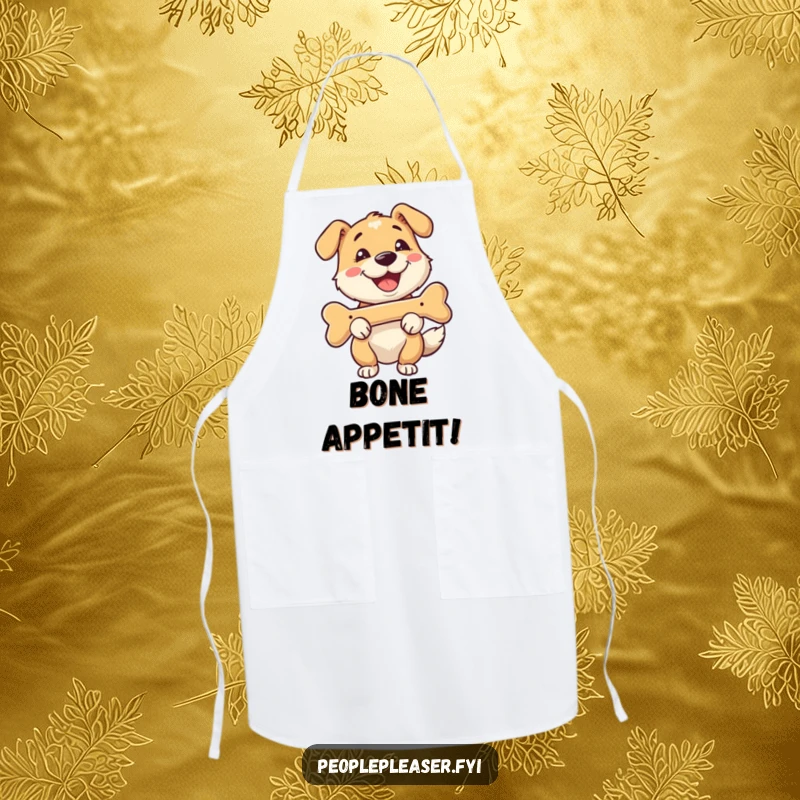 Funny apron with a happy dog character fetching a bone with a smile, ideal for cooking with a dose of canine fun.