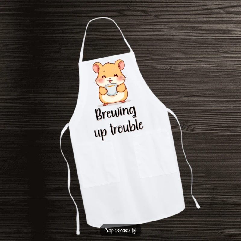 Funny hamster apron showing a cute character with a tiny teacup, perfect for chefs and bakers who enjoy a touch of playful humor.