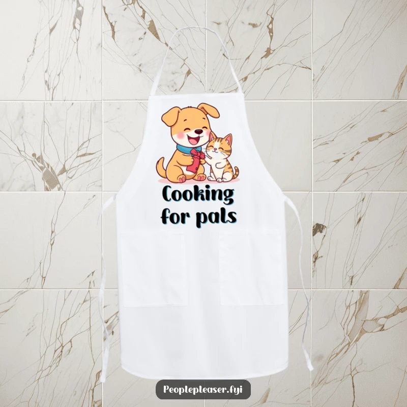 Funny kitchen apron depicting a happy dog offering a toy to a cat, perfect for a humorous cook.