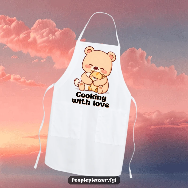 Funny bear apron showing a smiling bear character offering a comforting hug to a smaller animal, perfect for kitchen endeavors with humor.