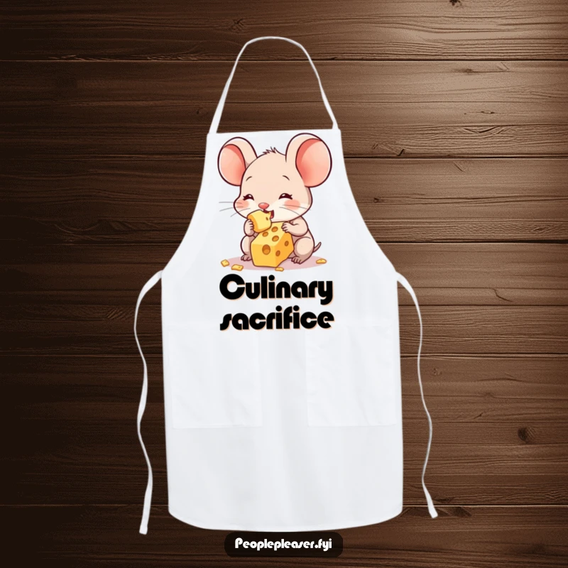Funny apron illustrating a sweet mouse character sharing its final crumb of cheese, perfect for adding humor to kitchen activities.