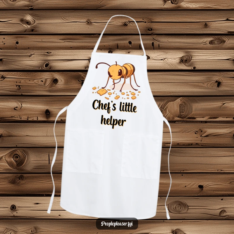 Funny apron depicting a diligent ant meticulously tidying up scattered crumbs, perfect for cooking.