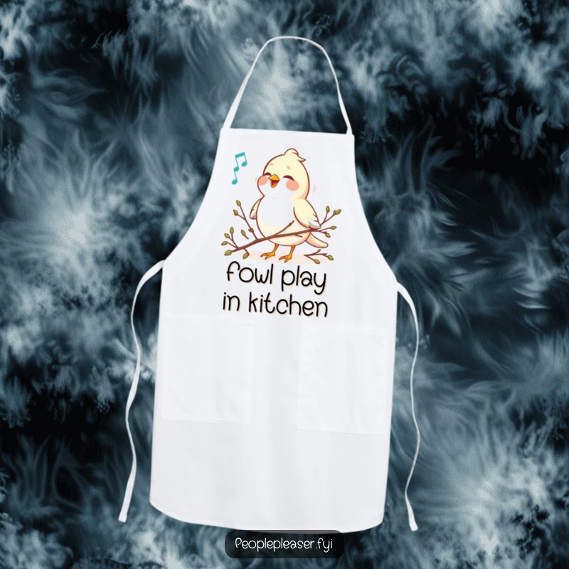 Funny bird singing a sweet melody, arranging tiny twigs on a kitchen apron, perfect for bakers and musicians.