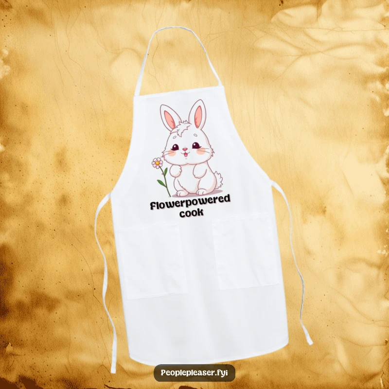 Funny bunny baker apron, enthusiastically offering a flower while cooking, symbolizing a cheerful and sweet approach to baking.