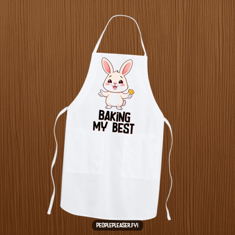 Funny bunny apron showing a cheerful bunny character handing out treats with a wide smile, perfect for kitchen endeavors with humor.