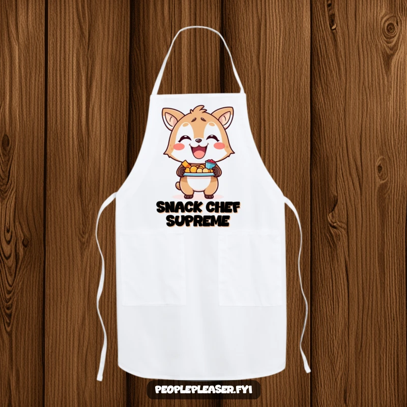 Funny apron with a happy animal character holding a tray full of tasty snacks, ideal for kitchen fun.