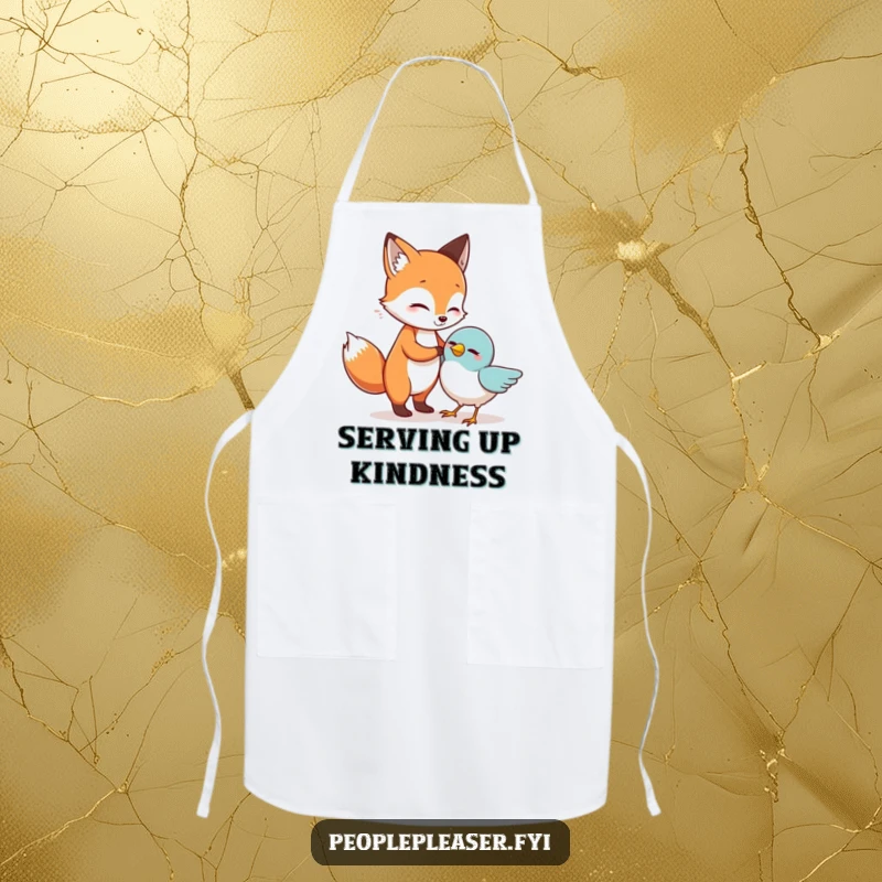 Funny Apron: A helpful fox assists a bird, depicting a funny and useful kitchen accessory.