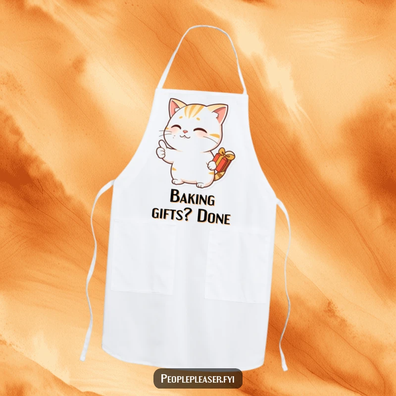 Funny apron with a nodding cat character giving a thumbs up and holding a gift, ideal for cooking with a humorous touch.