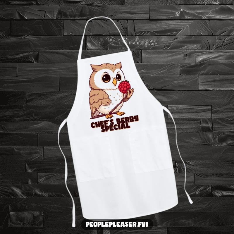 Funny apron depicting a curious owl offering a polished berry, perfect for cooking and baking.