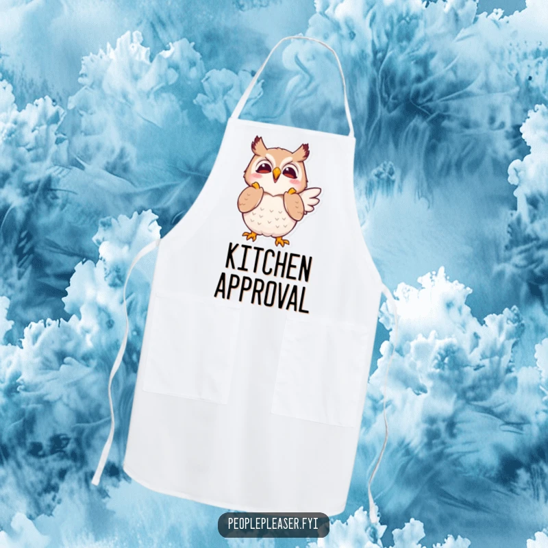 Funny apron featuring a joyful owl character clapping its wings in approval, ready for kitchen celebrations.