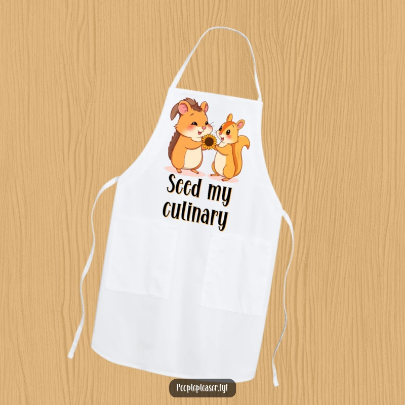 Funny apron showing a hamster gifting a sunflower seed to a squirrel, ideal for a cheerful cooking experience.