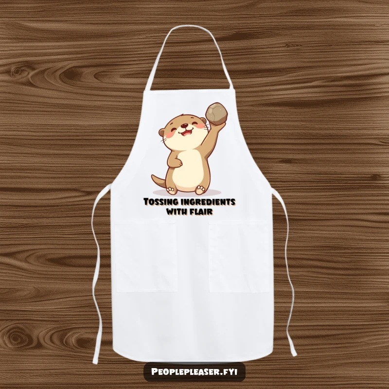 Funny apron showing a delighted otter character gleefully tossing a smooth stone, perfect for adding humor to cooking and kitchen tasks.