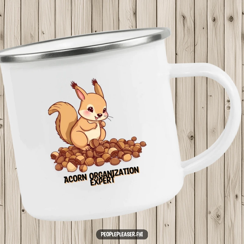 Funny Camping Mug: A helpful squirrel is meticulously organizing acorns, a humorous and durable design for nature lovers.
