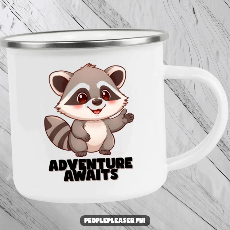 Funny raccoon camping mug showing a curious character offering a helping hand, ideal for outdoor enthusiasts who enjoy humor and durable drinkware.