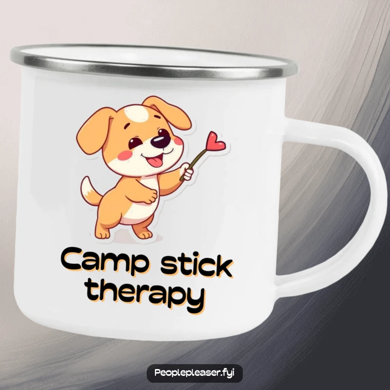 Funny camping mug featuring a playful dog character fetching a single, perfect stick, perfect for energetic outdoor enjoyment.