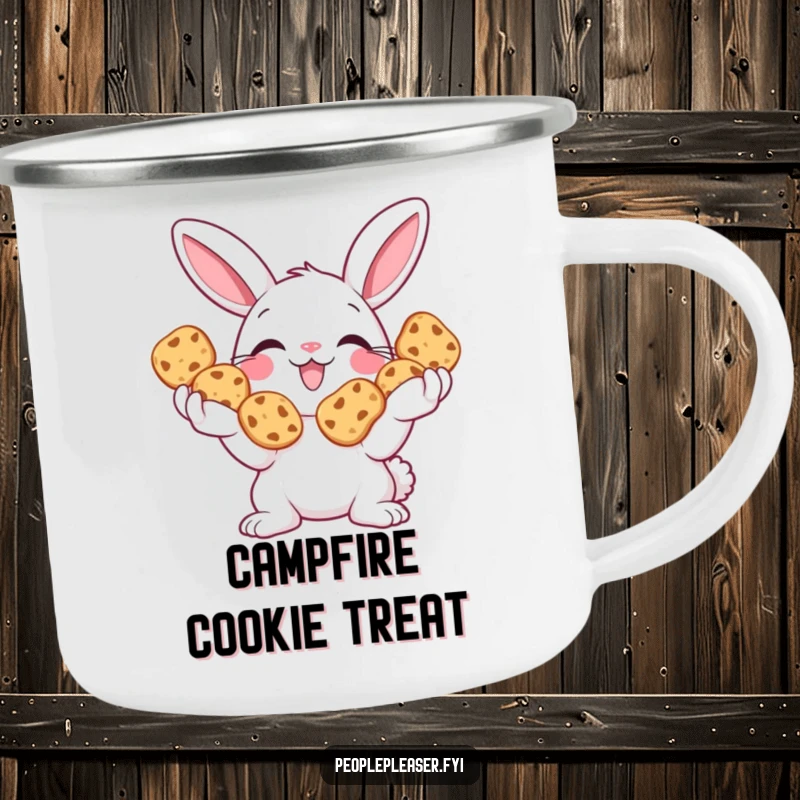 Funny Bunny Camping Mug with a smiling bunny offering cookies, perfect for outdoor enthusiasts who love sweet treats.