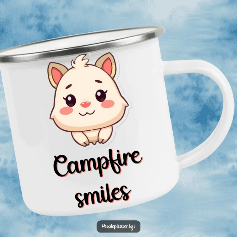 Funny Happy Face Camping Mug: A rugged mug showing a content animal character admiring a beaming, joyful face in the great outdoors.