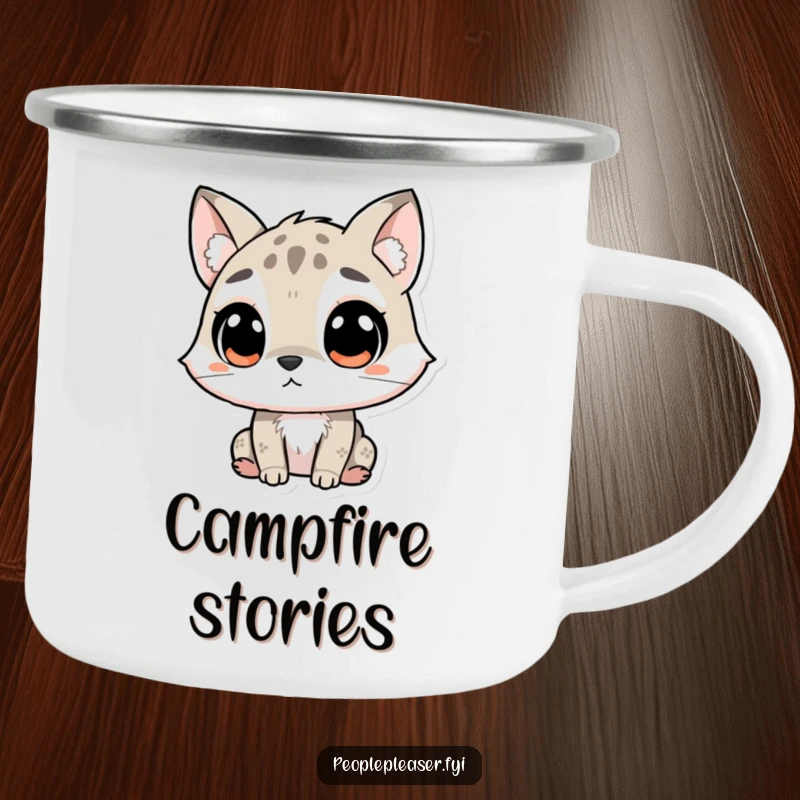 Funny Camping Mug showing a curious animal character with perked ears and an attentive gaze, listening intently to the wilderness, perfect for outdoors.