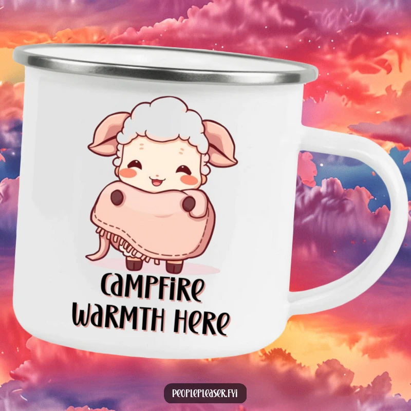 Funny Sheep Camping Mug: A giggling sheep character holds out a cozy blanket, ready for campfire stories. Perfect funny gift!