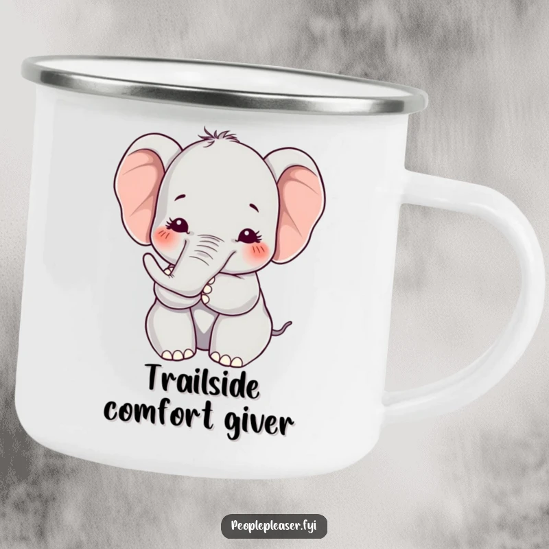 Funny Kawaii elephant camping mug featuring a hugging character, designed for durability and outdoor comfort with a loving touch.
