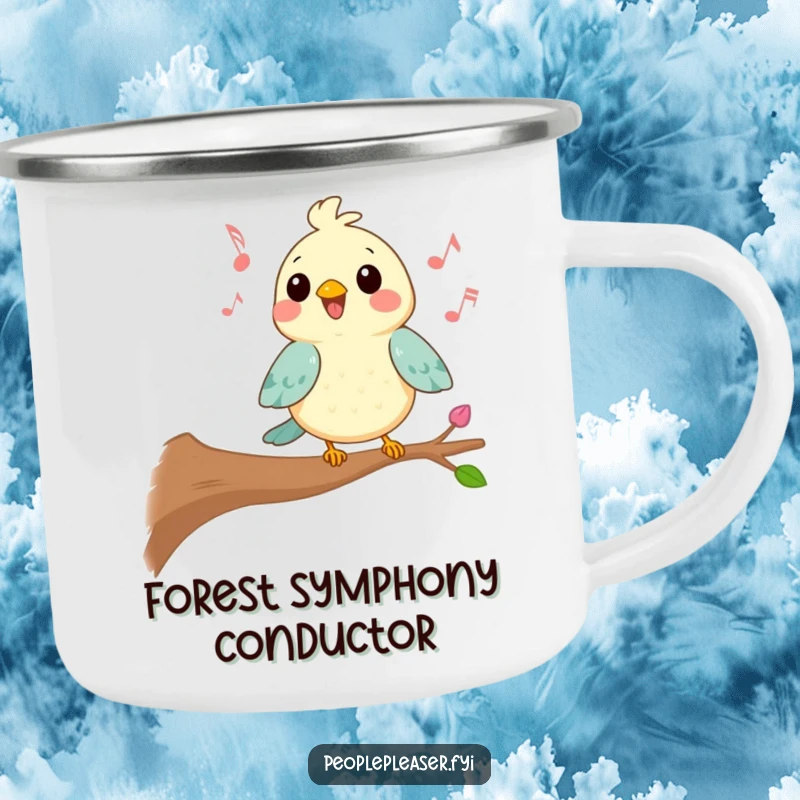 Funny Kawaii bird camping mug featuring a cheerful singing character, designed for durability and outdoor musical enjoyment.