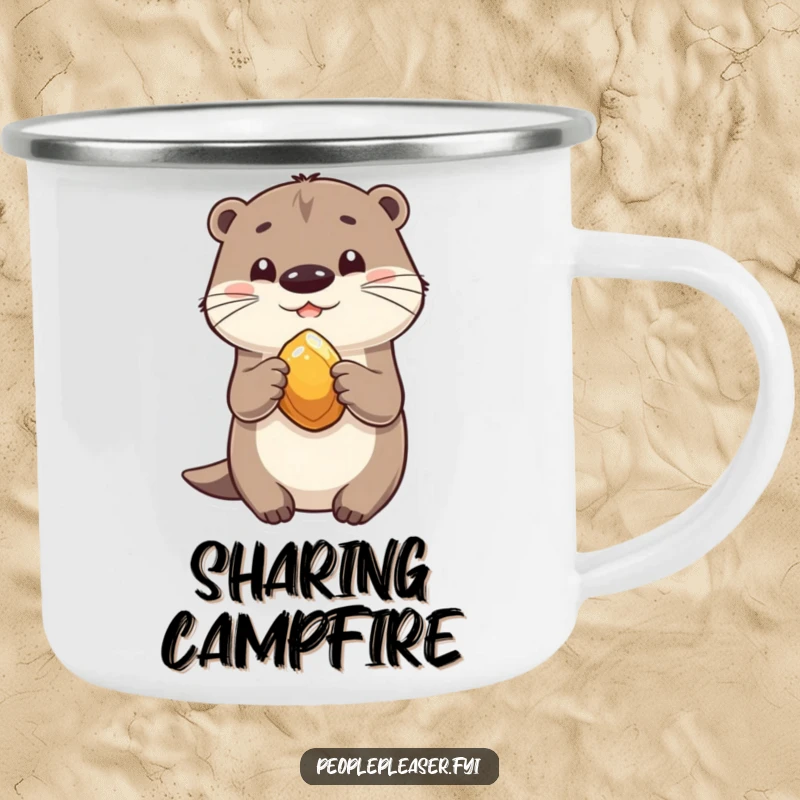 Funny camping mug illustration of a playful otter sharing a shiny stone, perfect for the friendly outdoors person.