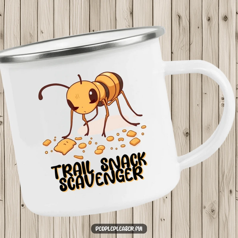 Funny camping mug with a diligent ant meticulously tidying up scattered crumbs, perfect for outdoor enthusiasts.