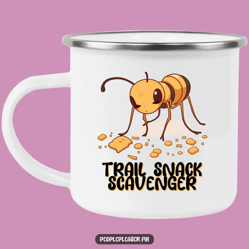 Funny Ant Tidying Camping Mug: Enamel mug with an ant cleaning crumbs for outdoor use.