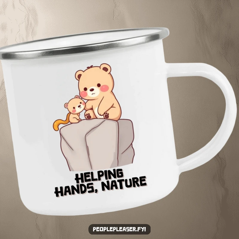 Funny Camping Mug: A caring bear gently helps a smaller creature onto a high ledge, a humorous and durable design for outdoor enthusiasts.
