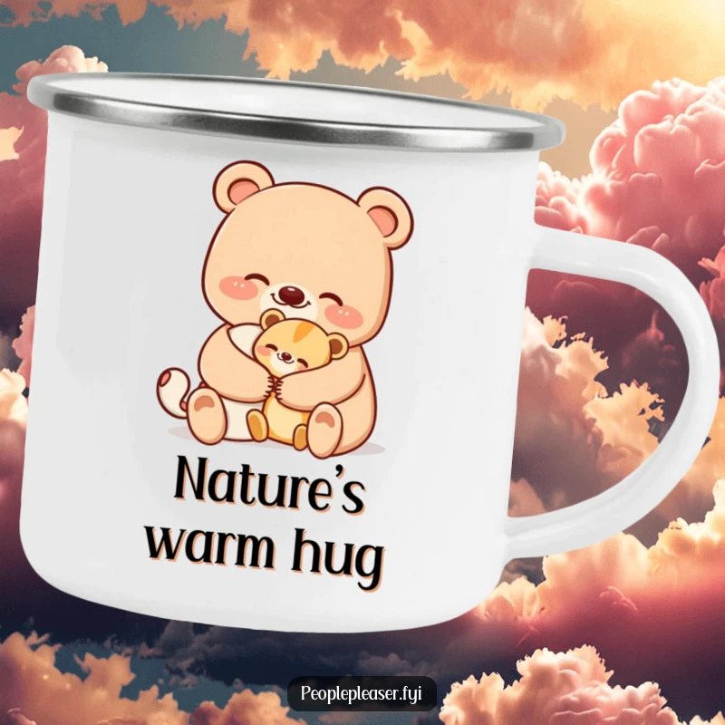 Funny bear camping mug with a smiling bear character offering a comforting hug to a smaller animal, perfect for outdoor adventures with humor.