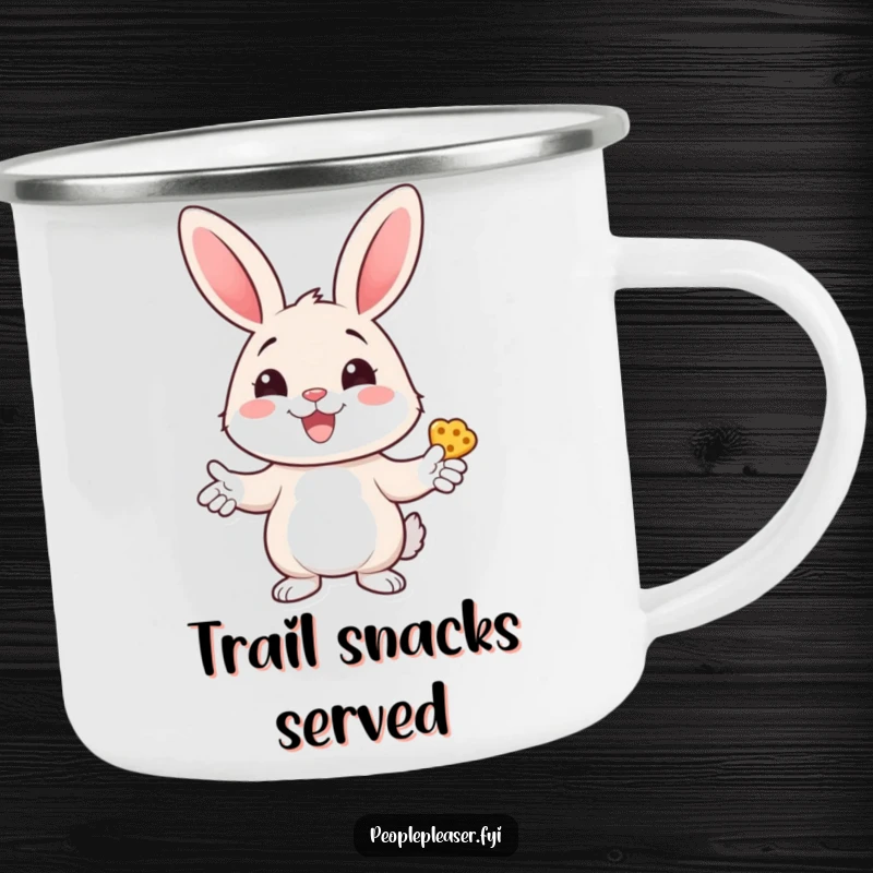 Funny bunny camping mug with a cheerful bunny handing out treats with a wide smile, perfect for outdoor adventures with humor.