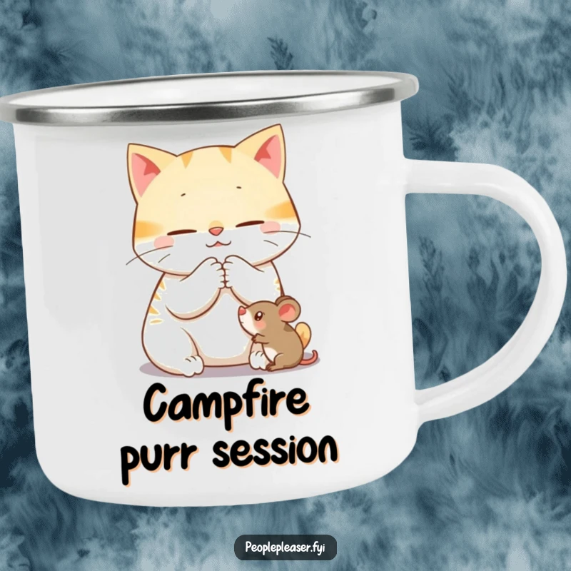 Funny camping mug featuring a content cat character purring while gently grooming a toy mouse, perfect for peaceful outdoor enjoyment.
