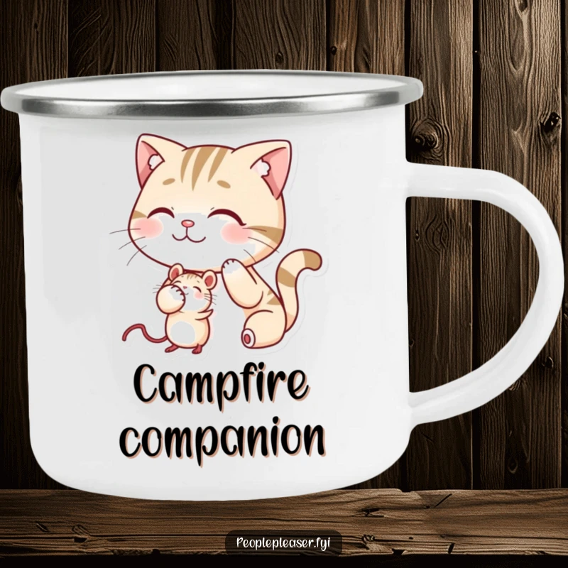 Funny camping mug with a smiling cat patting a mouse on the head, rugged and humorous.
