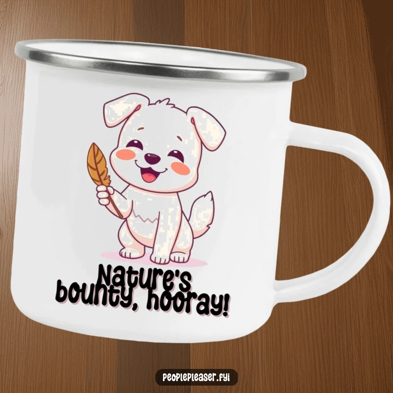 Funny camping mug with a happy dog wagging its tail and presenting a found feather, perfect for outdoor use.