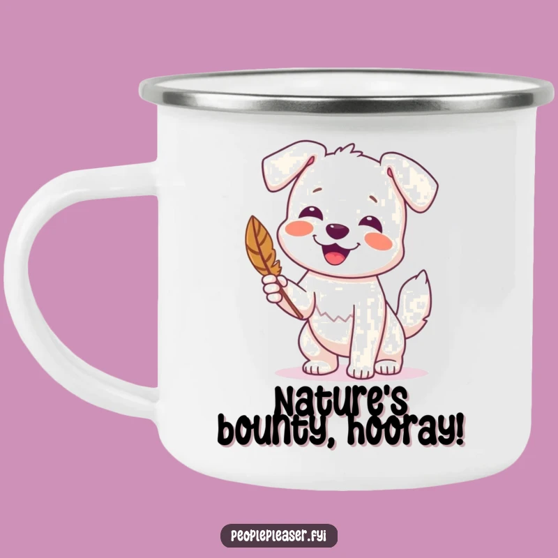 Funny Dog Feather Camping Mug: Enamel mug with a happy dog and feather for outdoor fun.