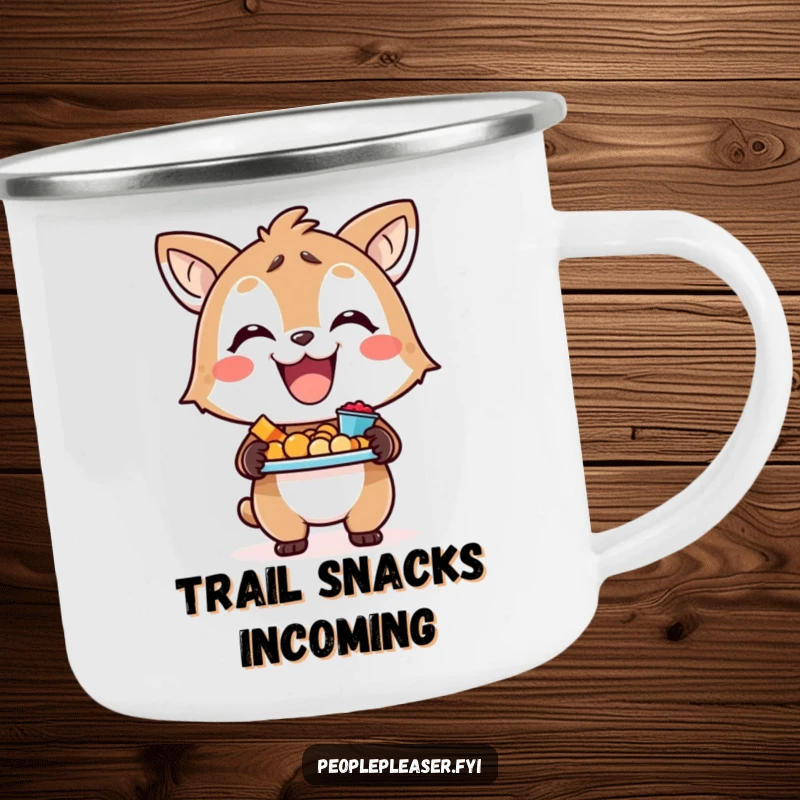 Funny enamel camping mug with a happy animal character holding a tray of snacks, ideal for outdoor enjoyment.