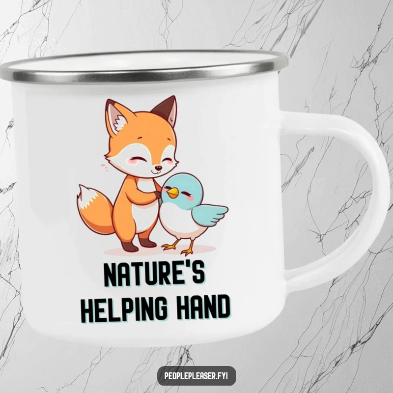 Funny Camping Mug: A helpful fox assists a bird, perfect for outdoor humor and drinks.