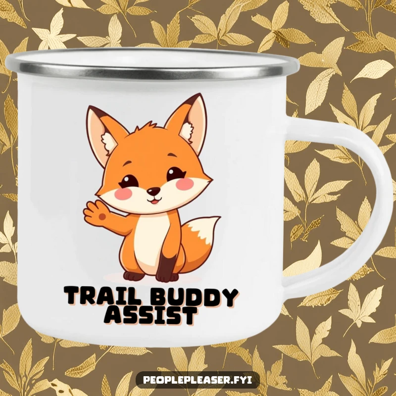Funny Fox Camping Mug: A cheerful fox character extends its paw, ready to help navigate the great outdoors. Perfect funny gift!