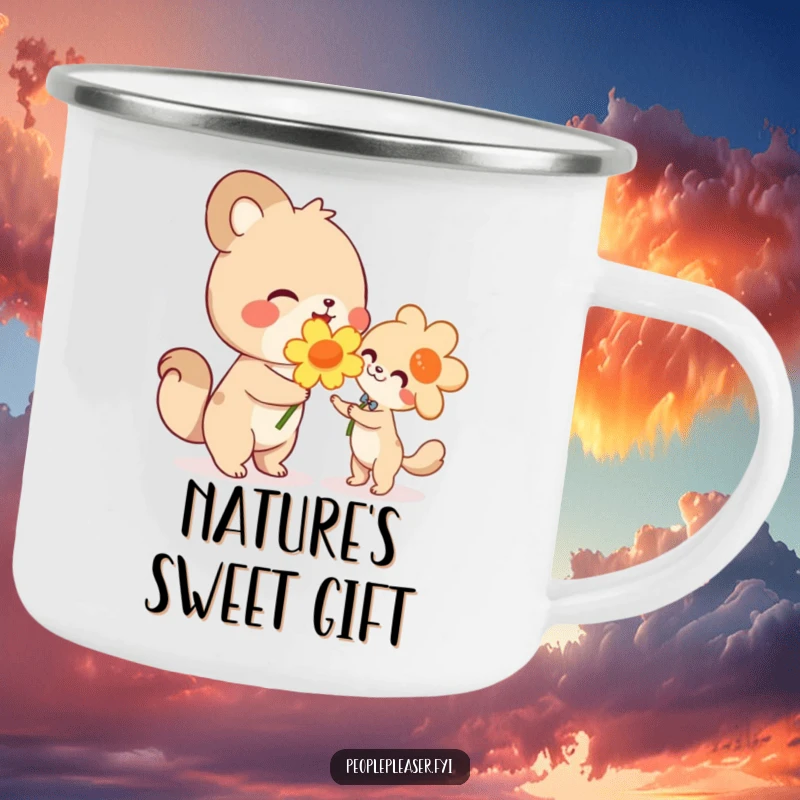 Funny camping mug, cute animal character happily handing a large flower, designed for outdoor enthusiasts who value kindness and humor.