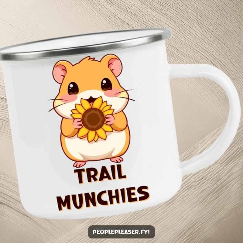 Funny Camping Mug: Content hamster character offers a sunflower seed, perfect for outdoor trips with a touch of cute humor.
