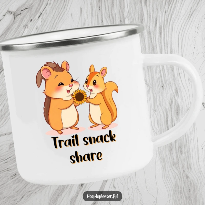 Funny camping mug with a hamster giving a sunflower seed to a squirrel, perfect for outdoor enjoyment and laughter.