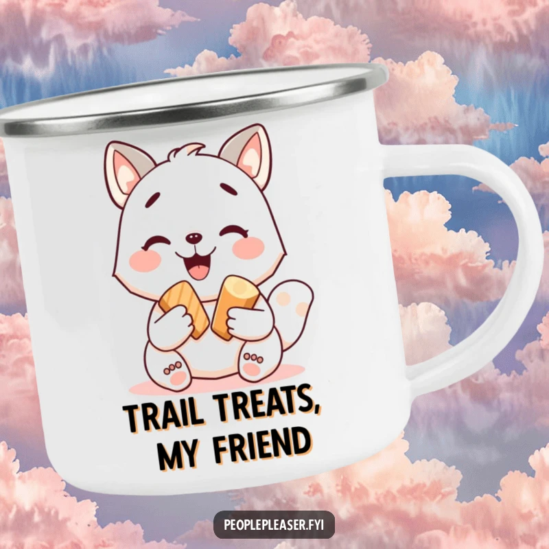 Funny camping mug featuring a happy animal character sharing a delicious treat, ideal for outdoor enjoyment. A fantastic funny gift.
