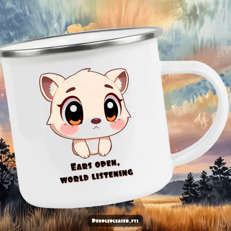 Funny Camping Mug featuring an animal character with large, wide eyes, ready for outdoor listening and relaxation.