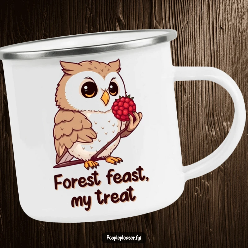 Funny camping mug with a curious owl offering a polished berry, perfect for outdoor enthusiasts.