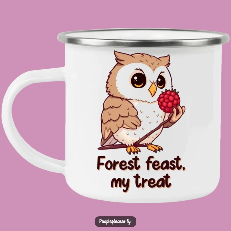 Funny Owl Berry Camping Mug: Enamel mug with an owl offering a berry for outdoor use.