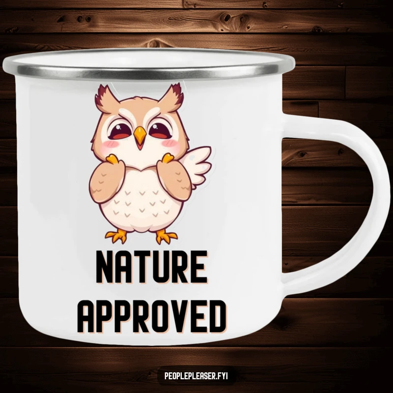 Funny camping mug showing a joyful owl character clapping its wings in approval, ready for any outdoor fun.